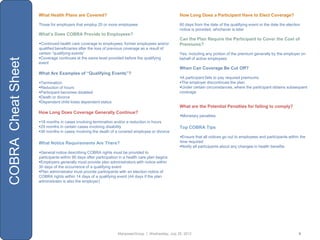 What Health Plans are Covered?                                                 How Long Does a Participant Have to Elect Coverage?

                    Those for employers that employ 20 or more employees                           60 days from the date of the qualifying event or the date the election
                                                                                                   notice is provided, whichever is later
                    What’s Does COBRA Provide to Employees?
                                                                                                   Can the Plan Require the Participant to Cover the Cost of
                    Continued health care coverage to employees, former employees and/or          Premiums?
                    qualified beneficiaries after the loss of previous coverage as a result of
                    certain “qualifying events”                                                    Yes, including any portion of the premium generally by the employer on
                    Coverage continues at the same level provided before the qualifying
COBRA Cheat Sheet


                                                                                                   behalf of active employees
                    event
                                                                                                   When Can Coverage Be Cut Off?
                    What Are Examples of “Qualifying Events”?
                                                                                                   A participant fails to pay required premiums
                    Termination                                                                   The employer discontinues the plan
                    Reduction of hours                                                            Under certain circumstances, where the participant obtains subsequent
                    Participant becomes disabled                                                  coverage
                    Death or divorce
                    Dependent child loses dependent status
                                                                                                   What are the Potential Penalties for failing to comply?
                    How Long Does Coverage Generally Continue?
                                                                                                   Monetary penalties
                    18 months in cases involving termination and/or a reduction in hours
                    29 months in certain cases involving disability                               Top COBRA Tips
                    36 months in cases involving the death of a covered employee or divorce
                                                                                                   Ensure that all notices go out to employees and participants within the
                    What Notice Requirements Are There?                                            time required
                                                                                                   Notify all participants about any changes in health benefits
                    General notice describing COBRA rights must be provided to
                    participants within 90 days after participation in a health care plan begins
                    Employers generally must provide plan administrators with notice within
                    30 days of the occurrence of a qualifying event
                    Plan administrator must provide participants with an election notice of
                    COBRA rights within 14 days of a qualifying event (44 days if the plan
                    administrator is also the employer)




                                                                  ManpowerGroup | Wednesday, July 25, 2012                                                              9
 