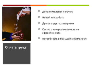  Дополнительная нагрузка
 Новый тип работы
 Другая структура нагрузки
 Связка с контролем качества и
эффективности
 Потребность в большей мобильности
Оплата труда
 