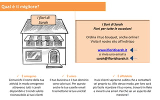 I fiori di
Sarah I fiori di Sarah
Fiori per tutte le occasioni
Ordina il tuo bouquet, anche online!
Visita il nostro sito all’indirizzo
www.ifioridisarah.it
o invia una email a
sarah@ifioridisarah.it
Qual è il migliore?
 È omogeno
Comunichi il nome della tua
attività in modo omogeneo
attraverso tutti i canali
disponibili e ti rendi subito
riconoscibile ai tuoi clienti
 È unico
Il tuo business e il tuo dominio
sono solo tuoi. Per questo
anche le tue caselle email
trasmettono la tua unicità!
 È affidabile
I tuoi clienti sapranno subito che a contattarli
sei proprio tu. Allo stesso modo, per loro sarà
più facile ricordare il tuo nome, trovarti in Rete
e inviarti una email. Perché sei un esperto del
mestiere!
 