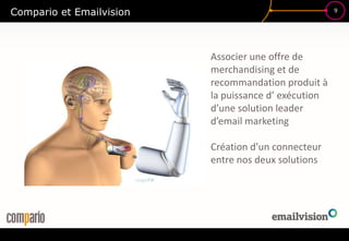 9
Compario et Emailvision
Associer une offre de
merchandising et de
recommandation produit à
la puissance d’ exécution
d’une solution leader
d’email marketing
Création d’un connecteur
entre nos deux solutions
 