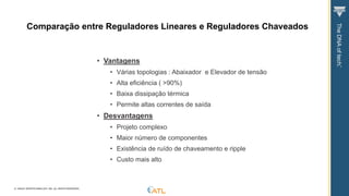 © VISHAY INTERTECHNOLOGY, INC. ALL RIGHTS RESERVED.
Comparação entre Reguladores Lineares e Reguladores Chaveados
• Vantagens
• Várias topologias : Abaixador e Elevador de tensão
• Alta eficiência ( >90%)
• Baixa dissipação térmica
• Permite altas correntes de saída
• Desvantagens
• Projeto complexo
• Maior número de componentes
• Existência de ruído de chaveamento e ripple
• Custo mais alto
 