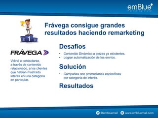 Frávega consigue grandes
resultados haciendo remarketing
Volvió a contactarse,
a través de contenido
relacionado, a los clientes
que habían mostrado
interés en una categoría
en particular.
Desafíos
• Contenido Dinámico a piezas ya existentes.
• Lograr automatización de los envíos.
Solución
• Campañas con promociones específicas
por categoría de interés.
Resultados
 