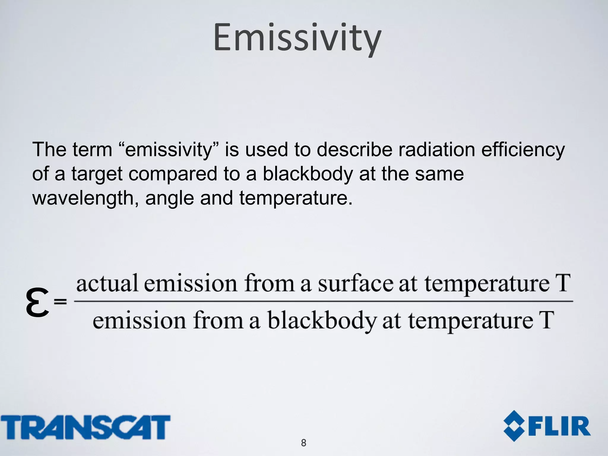 8
The term “emissivity” is used to describe radiation efficiency
of a target compared to a blackbody at the same
wavelength, angle and temperature.
ɛ
Emissivity
 