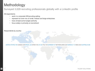 Methodology
Surveyed 3,028 recruiting professionals globally with a LinkedIn profile
All respondents:
 work in a corporate HR/recruiting setting
 represent an even mix of small, midsize and large enterprises
 have at least some budget authority
 focus solely or primarily on recruitment

Respondents by country:

UNITED STATES 755 CANADA 299 BRAZIL 226 SPAIN 100 UK 334 ITALY 99 GERMANY 97 NETHERLANDS 226 NORDICS 113 INDIA 255 AUSTRALIA 280

33

TALENT SOLUTIONS

 