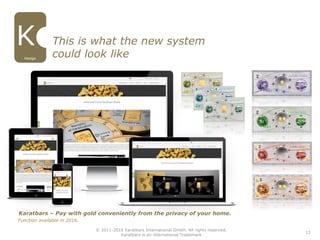 13
Hedge
Karatbars – Pay with gold conveniently from the privacy of your home.
Function available in 2016.
This is what the new system
could look like
© 2011-2016 Karatbars International GmbH, All rights reserved.
Karatbars is an international Trademark
 