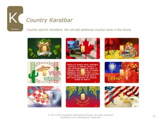 18
Country Karatbar
Country-specific Karatbars. We will add additional country cards in the future.Products
© 2011-2016 Karatbars International GmbH, All rights reserved.
Karatbars is an international Trademark
 