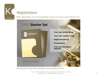 After registration you will immediately receive your free virtual Starter Set.
These Online Tools from Karatbars are provided for free.
Registration
Registration
31
• Your own Online Shop
• Your own Landing Page
• Digital Brochures
• Presentation
• Your own Karatbars
Website
FREE Starter Set
Start today!
© 2011-2016 Karatbars International GmbH, All rights reserved.
Karatbars is an international Trademark
 