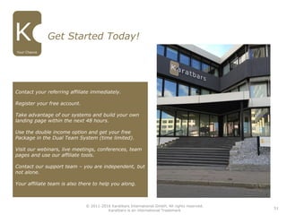 51
Get Started Today!
Contact your referring affiliate immediately.
Register your free account.
Take advantage of our systems and build your own
landing page within the next 48 hours.
Use the double income option and get your free
Package in the Dual Team System (time limited).
Visit our webinars, live meetings, conferences, team
pages and use our affiliate tools.
Contact our support team – you are independent, but
not alone.
Your affiliate team is also there to help you along.
Your Chance
© 2011-2016 Karatbars International GmbH, All rights reserved.
Karatbars is an international Trademark
 