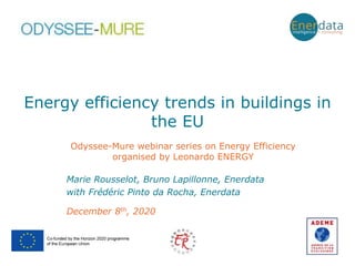 Energy efficiency trends in buildings in
the EU
December 8th, 2020
Marie Rousselot, Bruno Lapillonne, Enerdata
with Frédéric Pinto da Rocha, Enerdata
Odyssee-Mure webinar series on Energy Efficiency
organised by Leonardo ENERGY
 