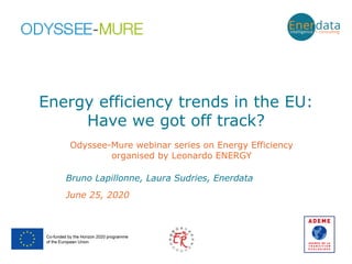Energy efficiency trends in the EU:
Have we got off track?
June 25, 2020
Bruno Lapillonne, Laura Sudries, Enerdata
Odyssee-Mure webinar series on Energy Efficiency
organised by Leonardo ENERGY
 