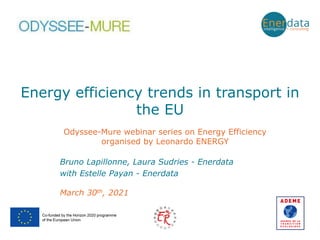 Energy efficiency trends in transport in
the EU
March 30th, 2021
Bruno Lapillonne, Laura Sudries - Enerdata
with Estelle Payan - Enerdata
Odyssee-Mure webinar series on Energy Efficiency
organised by Leonardo ENERGY
 