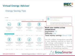 Stakeholders Engagement Webinar I 27/09/2016 I page 13www.grow-smarter.eu
Energy Saving Tips
Virtual Energy Advisor
Wash y...