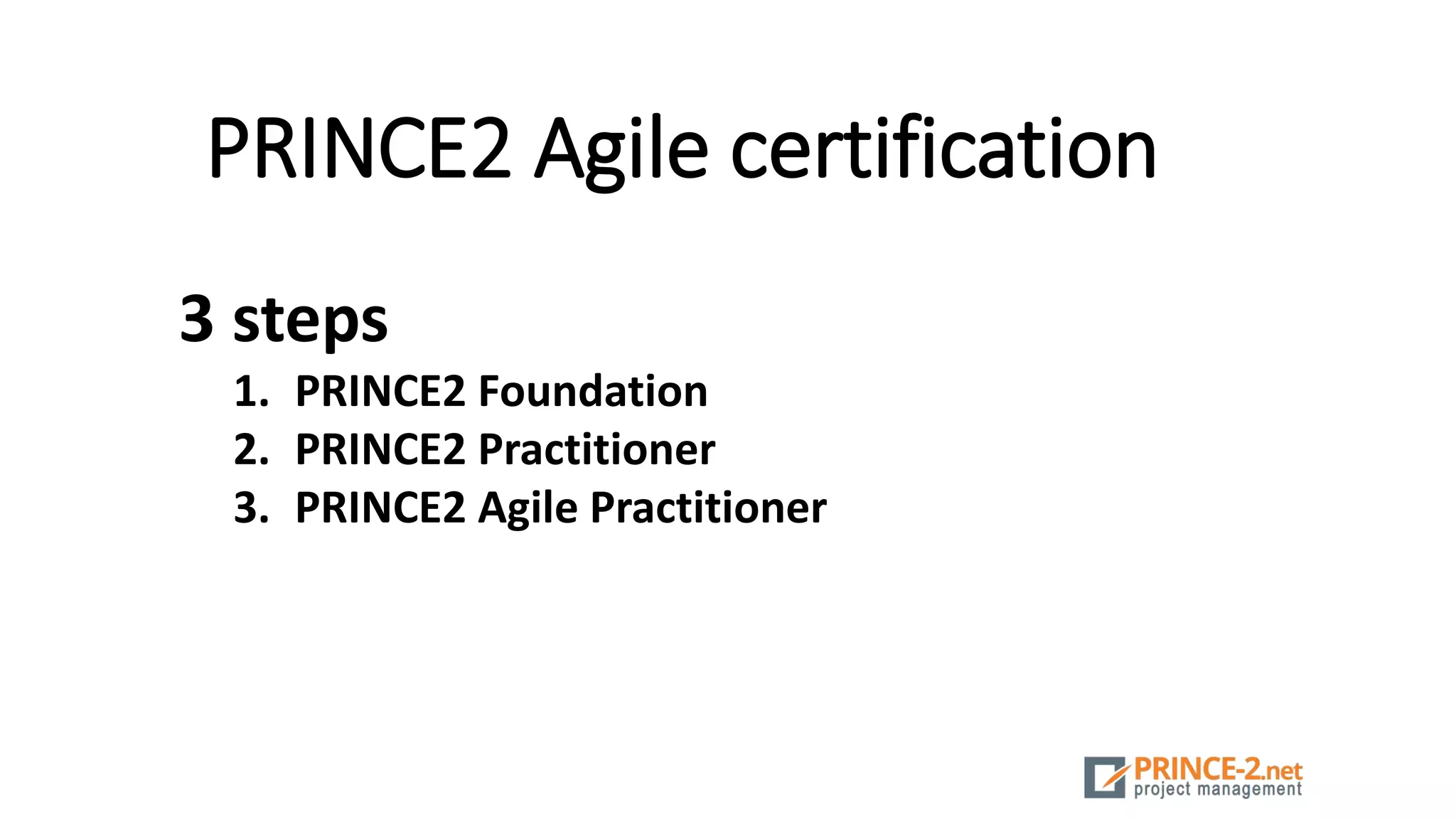 PRINCE2 Agile certification
3 steps
1. PRINCE2 Foundation
2. PRINCE2 Practitioner
3. PRINCE2 Agile Practitioner
 