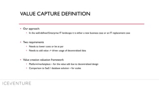 VALUE CAPTURE DEFINITION
• Our approach:
• In the well-defined Enterprise IT landscape it is either a new business case or an IT replacement case
• Two requirements
• Needs to lower costs or be at par
• Needs to add value -> driver usage of decentralized data
• Value creation valuation framework
• Platform/marketplace – for the value add due to decentralized design
• Comparison to SaaS / database solution – for scales
 
