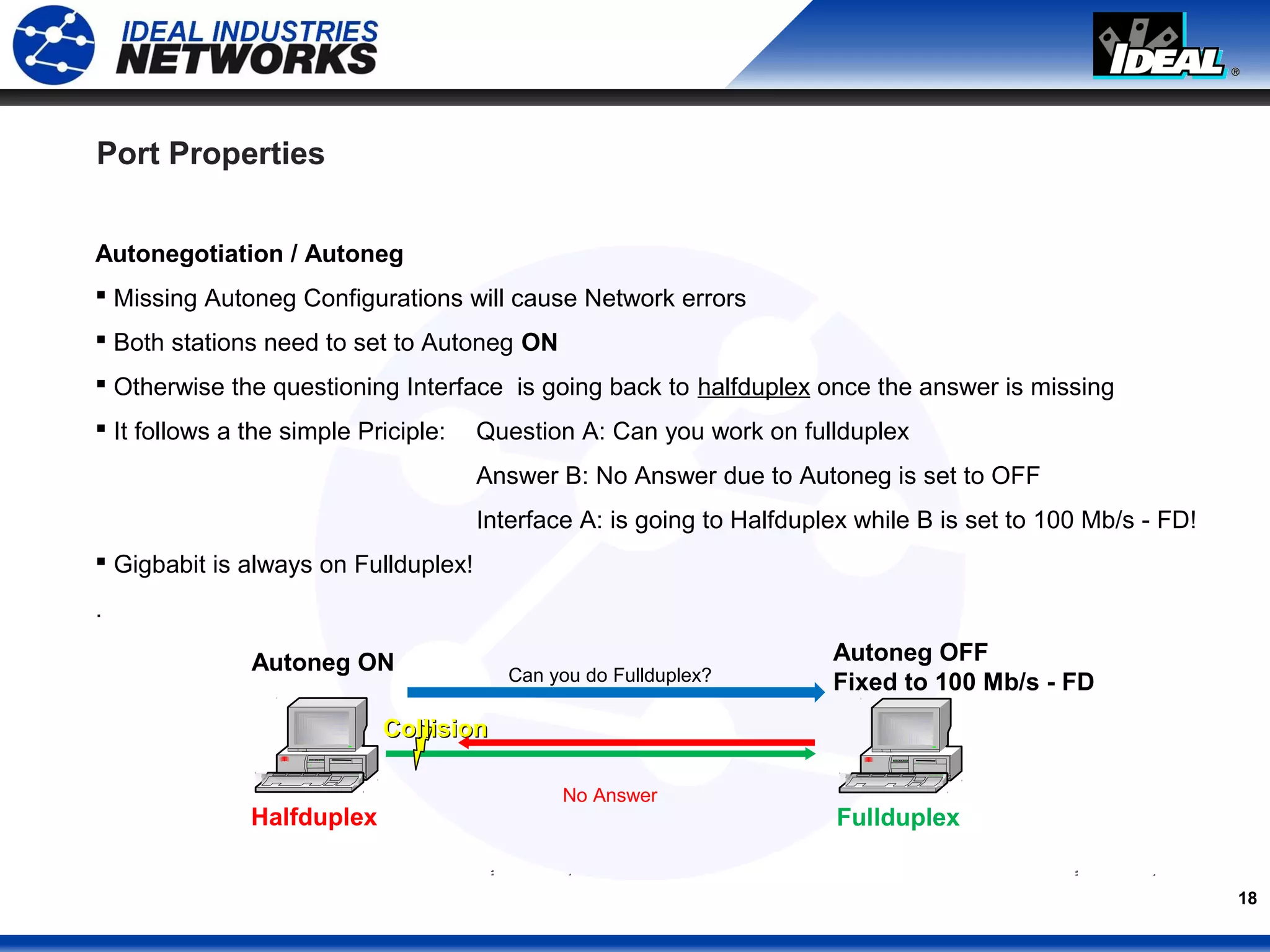 18
Port Properties
Autonegotiation / Autoneg
 Missing Autoneg Configurations will cause Network errors
 Both stations need to set to Autoneg ON
 Otherwise the questioning Interface is going back to halfduplex once the answer is missing
 It follows a the simple Priciple: Question A: Can you work on fullduplex
Answer B: No Answer due to Autoneg is set to OFF
Interface A: is going to Halfduplex while B is set to 100 Mb/s - FD!
 Gigbabit is always on Fullduplex!
.
Halfduplex Fullduplex
Autoneg OFF
Fixed to 100 Mb/s - FD
Autoneg ON Can you do Fullduplex?
No Answer
CollisionCollision
 