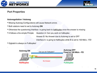 18
Port Properties
Autonegotiation / Autoneg
 Missing Autoneg Configurations will cause Network errors
 Both stations need to set to Autoneg ON
 Otherwise the questioning Interface is going back to halfduplex once the answer is missing
 It follows a the simple Priciple: Question A: Can you work on fullduplex
Answer B: No Answer due to Autoneg is set to OFF
Interface A: is going to Halfduplex while B is set to 100 Mb/s - FD!
 Gigbabit is always on Fullduplex!
.
Halfduplex Fullduplex
Autoneg OFF
Fixed to 100 Mb/s - FD
Autoneg ON Can you do Fullduplex?
No Answer
CollisionCollision
 