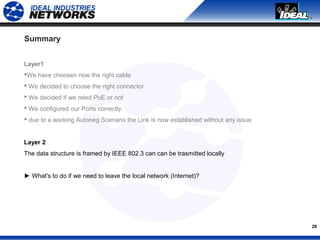 29
Summary
Layer1
We have choosen now the right cable
 We decided to choose the right connector
 We decided if we need PoE or not
 We configured our Ports correctly.
 due to a working Autoneg Scenario the Link is now established without any issue
Layer 2
The data structure is framed by IEEE 802.3 can can be trasmitted locally
► What's to do if we need to leave the local network (Internet)?
 