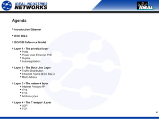 4
Agenda
 Introduction Ethernet
 IEEE 802.3
 ISO/OSI Reference Model
 Layer 1 - The physical layer
 Ports
 Power over Ethernet PoE
 Duplex
 Autonegotiation
 Layer 2 - The Data Link Layer
 Traffic Distribution
 Ethernet Frame IEEE 802.3
 MAC Adress
 Layer 3 - The network layer
 Internet Protocol IP
 IPv4
 IPv6
 Addresstypes
 Layer 4 - The Transport Layer
 UDP
 TCP
 
