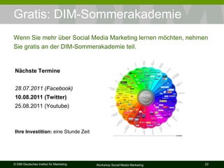 Gratis: DIM-Sommerakademie Wenn Sie mehr über Social Media Marketing lernen möchten, nehmen Sie gratis an der DIM-Sommerakademie teil. Nächste Termine 28.07.2011 (Facebook) 10.08.2011 (Twitter) 25.08.2011 (Youtube) Ihre Investition:  eine Stunde Zeit  