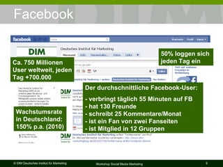 Facebook 50% loggen sich  jeden Tag ein Ca. 750 Millionen  User weltweit, jeden Tag +700.000 Der durchschnittliche Facebook-User:  - verbringt täglich 55 Minuten auf FB - hat 130 Freunde - schreibt 25 Kommentare/Monat - ist ein Fan von zwei Fanseiten - ist Mitglied in 12 Gruppen Wachstumsrate in Deutschland:  150% p.a. (2010) 