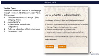 LANDING PAGE
Landing Page :
The target audience is directed to landing page
through Facebook Ads and Social Media Posts.
This helps us :
1. To Showcase our Product Range, Offers,
Company Details
2. Highlight USP’s
3. Accreditations, Associations ,
Certifications
4. To Create a Database of Potentials Leads
5. To Generate Leads
 