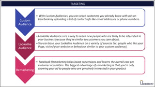 TARGETING
Custom
Audience
• With Custom Audiences, you can reach customers you already know with ads on
Facebook by uploading a list of contact info like email addresses or phone numbers.
Lookalike
Audience
•Lookalike Audiences are a way to reach new people who are likely to be interested in
your business because they're similar to customers you care about.
•You can base your Lookalike Audience on a variety of sources (ex: people who like your
Page, visited your website or behaviour similar to your custom audience).
Remarketing
• Facebook Remarketing helps boost conversions and lowers the overall cost per
customer acquisition. The biggest advantage of remarketing is that you’re only
showing your ad to people who are genuinely interested in your product
 
