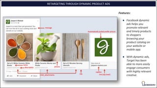 Features:
● Facebook dynamic
ads helps you
promote relevant
and timely products
to shoppers
browsing your
product catalog on
your website or
mobile app.
● With dynamic ads,
Target has been
able to more easily
engage consumers
with highly relevant
creative.
RETARGETING THROUGH DYNAMIC PRODUCT ADS
 