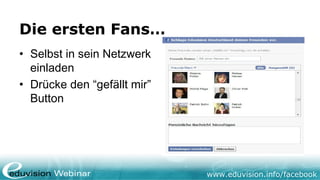 www.eduvision.de/facebook
1) Adminbereich “Allgemeine Seiteninformationen” aufrufen.
2) Als Kategorie etwas anderes als “Lokale Unternehmen”
wählen, da sonst nur die Postadresse und Öffnungszeiten
angezeigt werden.
3) In der Kurzbeschreibung sichtbar “Zum Impressum”
schreiben.
4) In der Langbeschreibung zu Anfang “Zum Impressum”
schreiben.
5) Impressumsangaben in der Beschreibung ausschreiben.
Quelle: http://allfacebook.de/pages/mit-5-schritten-zum-sicheren-facebook-impressum-update-nach-designanderungen#more-29852
Impressum auf Facebook -
Neuerungen
 