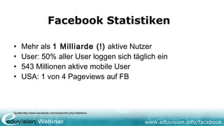www.eduvision.de/facebook
Facebook Statistiken
• Mehr als 1,1 Milliarde (!) aktive Nutzer
• User: mehr als 50% aller User loggen sich täglich ein
• 680 Millionen aktive mobile User
• USA: 1 von 4 Pageviews auf FB
Quelle:http://www.facebook.com/press/info.php?statistics
 