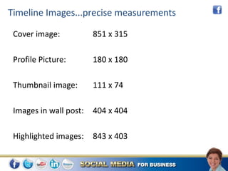Timeline Images...precise measurements

 Cover image:           851 x 315

 Profile Picture:       180 x 180

 Thumbnail image:       111 x 74

 Images in wall post:   404 x 404

 Highlighted images:    843 x 403
 