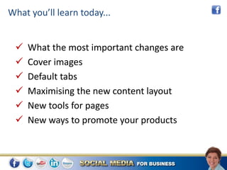 What you’ll learn today...


    What the most important changes are
    Cover images
    Default tabs
    Maximising the new content layout
    New tools for pages
    New ways to promote your products
 