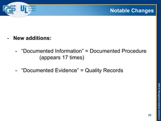 DQS-ULManagementSystemsSolutions©
Notable Changes
20
- New additions:
- “Documented Information” = Documented Procedure
(appears 17 times)
- “Documented Evidence” = Quality Records
 