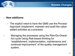 DQS-ULManagementSystemsSolutions©
Notable Changes
21
- New additions:
- The explicit need to have the QMS use the Process
Approach (implement, maintain and audit the value-
added activities as a process)
- Managing the processes using the Plan-Do-Check-
Act cycle Using Risk-based thinking for
“establishment, implementation, maintenance and
continual improvement” of the quality management
system,
 