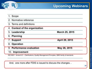 DQS-ULManagementSystemsSolutions©
Upcoming Webinars
1. Scope
2. Normative reference
3. Terms and definitions
4. Context of the organization
5. Leadership March 25, 2015
6. Planning
7. Support April 29, 2015
8. Operation
9. Performance evaluation May 26, 2015
10. Improvement
ISO 9001: Annex A-C – Clarifications, Quality Management Principles, QMS family of standards.
24
And, one more after FDIS is issued to discuss the changes. .
 