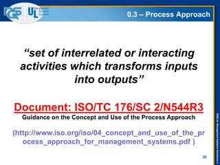 DQS-ULManagementSystemsSolutions©
0.3 – Process Approach
30
“set of interrelated or interacting
activities which transforms inputs
into outputs”
Document: ISO/TC 176/SC 2/N544R3
Guidance on the Concept and Use of the Process Approach
(http://www.iso.org/iso/04_concept_and_use_of_the_pr
ocess_approach_for_management_systems.pdf )
 