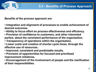 DQS-ULManagementSystemsSolutions©
0.3 - Benefits of Process Approach
31
Benefits of the process approach are:
• Integration and alignment of processes to enable achievement of
desired outcomes
• Ability to focus effort on process effectiveness and efficiency.
• Provision of confidence to customers, and other interested
parties, about the consistent performance of the organization.
• Transparency of operations within the organization.
• Lower costs and creation of shorter cycle times, through the
effective use of resources.
• Improved, consistent and predictable results.
• Provision of opportunities for focused and prioritized
improvement initiatives.
• Encouragement of the involvement of people and the clarification
of their responsibilities.
 