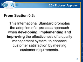 DQS-ULManagementSystemsSolutions©
0.3 - Process Approach
43
From Section 0.3:
This International Standard promotes
the adoption of a process approach
when developing, implementing and
improving the effectiveness of a quality
management system, to enhance
customer satisfaction by meeting
customer requirements.
 