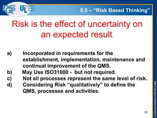 DQS-ULManagementSystemsSolutions©
0.5 – “Risk Based Thinking”
52
a) Incorporated in requirements for the
establishment, implementation, maintenance and
continual improvement of the QMS.
b) May Use ISO31000 - but not required.
c) Not all processes represent the same level of risk.
d) Considering Risk “qualitatively” to define the
QMS, processes and activities.
Risk is the effect of uncertainty on
an expected result.
 