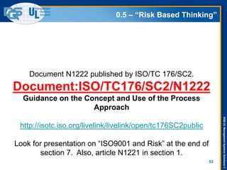 DQS-ULManagementSystemsSolutions©
0.5 – “Risk Based Thinking”
53
Document N1222 published by ISO/TC 176/SC2.
Document:ISO/TC176/SC2/N1222
Guidance on the Concept and Use of the Process
Approach
http://isotc.iso.org/livelink/livelink/open/tc176SC2public
Look for presentation on “ISO9001 and Risk” at the end of
section 7. Also, article N1221 in section 1.
 