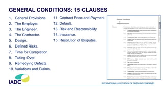 GENERAL CONDITIONS: 15 CLAUSES
1. General Provisions.
2. The Employer.
3. The Engineer.
4. The Contractor.
5. Design.
6. Defined Risks.
7. Time for Completion.
8. Taking-Over.
9. Remedying Defects.
10. Variations and Claims.
11. Contract Price and Payment.
12. Default.
13. Risk and Responsibility.
14. Insurance.
15. Resolution of Disputes.
 