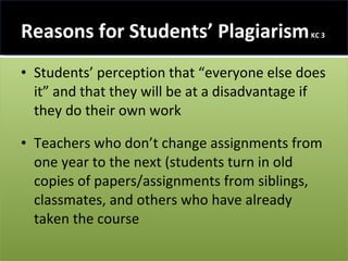 Reasons for Students’ Plagiarism  KC 3 Students’ perception that “everyone else does it” and that they will be at a disadvantage if they do their own work Teachers who don’t change assignments from one year to the next (students turn in old copies of papers/assignments from siblings, classmates, and others who have already taken the course 
