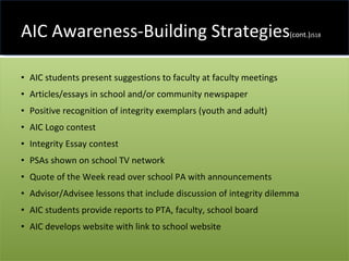 AIC Awareness-Building Strategies (cont.) JS18 AIC students present suggestions to faculty at faculty meetings Articles/essays in school and/or community newspaper Positive recognition of integrity exemplars (youth and adult) AIC Logo contest Integrity Essay contest PSAs shown on school TV network Quote of the Week read over school PA with announcements Advisor/Advisee lessons that include discussion of integrity dilemma AIC students provide reports to PTA, faculty, school board AIC develops website with link to school website 