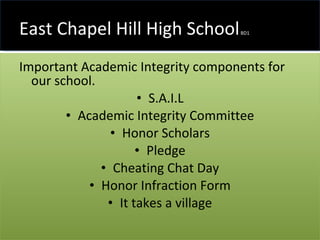 East Chapel Hill High School  BD1 Important Academic Integrity components for our school. S.A.I.L Academic Integrity Committee Honor Scholars Pledge Cheating Chat Day Honor Infraction Form It takes a village 
