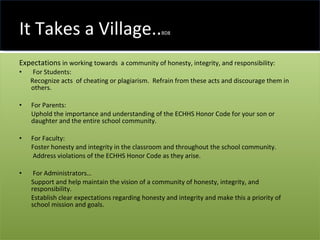 It Takes a Village.. BD8 Expectations  in working towards  a community of honesty, integrity, and responsibility:   For Students: Recognize acts  of cheating or plagiarism.  Refrain from these acts and discourage them in others.   For Parents: Uphold the importance and understanding of the ECHHS Honor Code for your son or daughter and the entire school community.   For Faculty: Foster honesty and integrity in the classroom and throughout the school community.    Address violations of the ECHHS Honor Code as they arise.   For Administrators… Support and help maintain the vision of a community of honesty, integrity, and responsibility.    Establish clear expectations regarding honesty and integrity and make this a priority of school mission and goals. 
