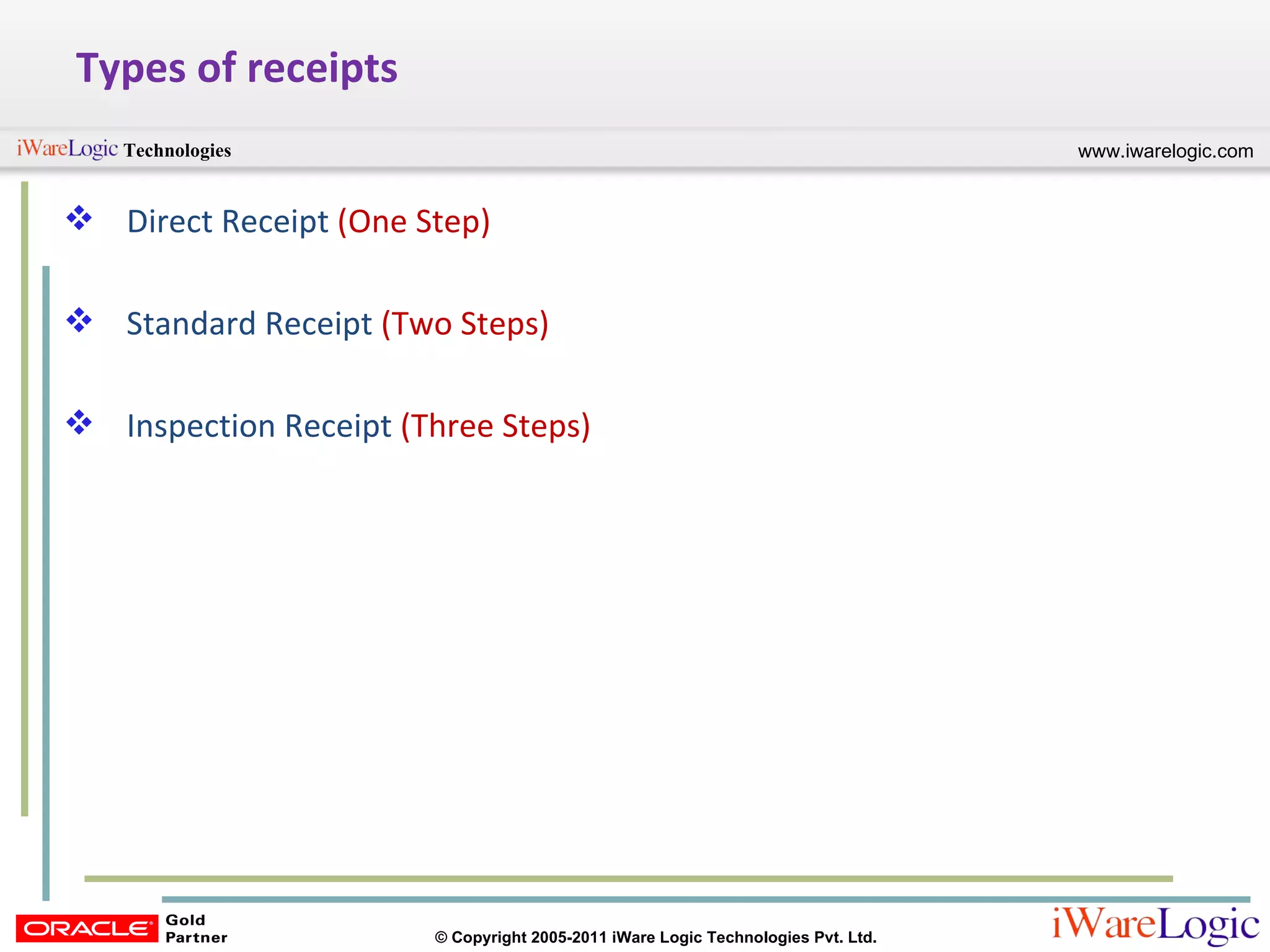 Types of receipts Direct Receipt  (One Step) Standard Receipt  (Two Steps) Inspection Receipt  (Three Steps) 