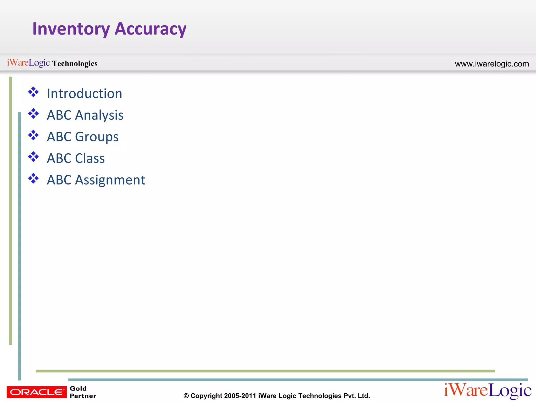 Inventory Accuracy Introduction ABC Analysis ABC Groups ABC Class ABC Assignment 