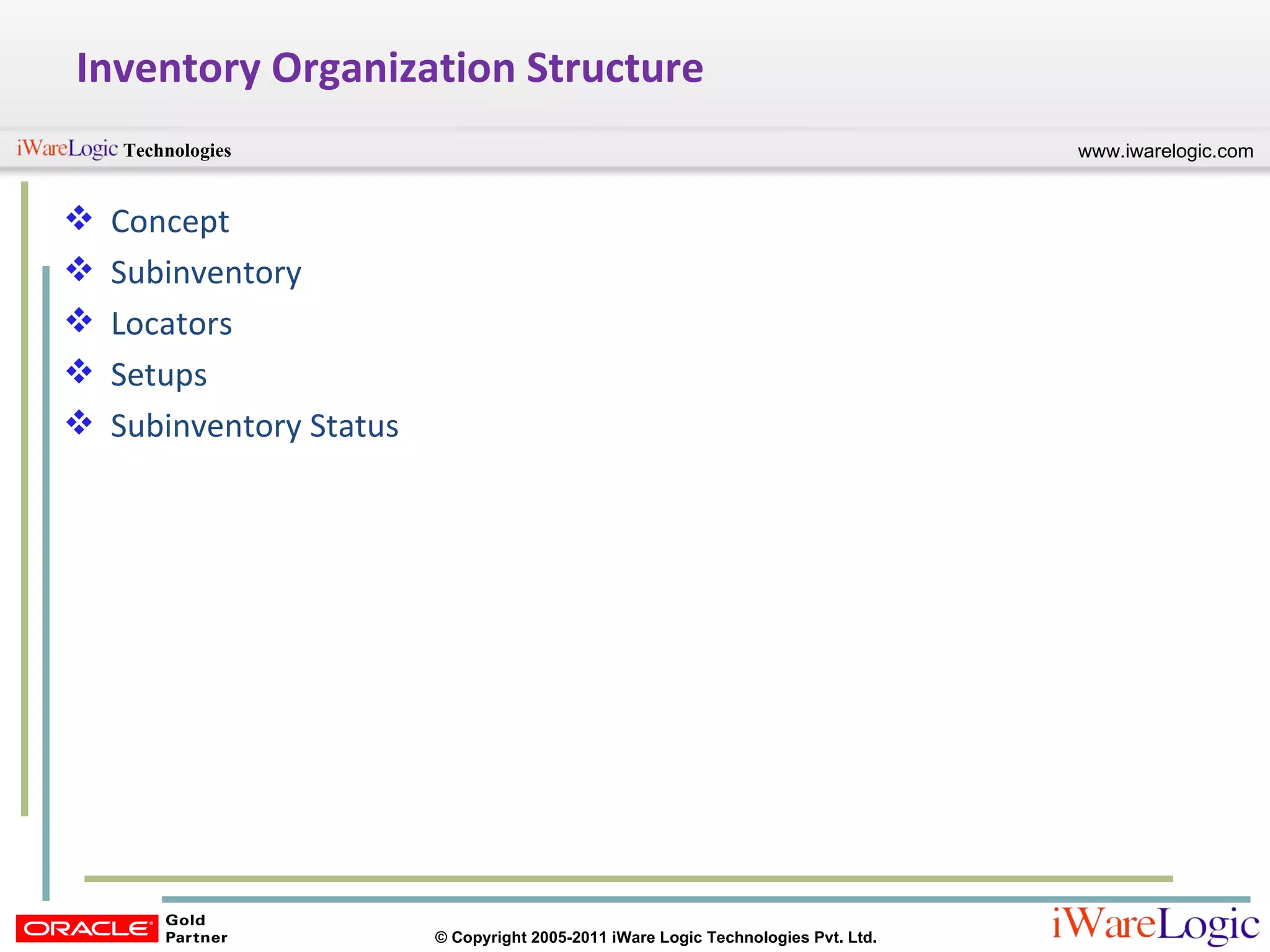 Inventory Organization Structure Concept Subinventory Locators Setups Subinventory Status  