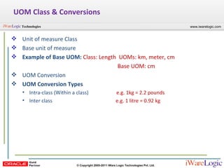 UOM Class & Conversions Unit of measure Class Base unit of measure Example of Base UOM:  Class: Length  UOMs: km, meter, cm Base UOM: cm UOM Conversion UOM Conversion Types Intra-class (Within a class)  e.g. 1kg = 2.2 pounds Inter class  e.g. 1 litre = 0.92 kg 
