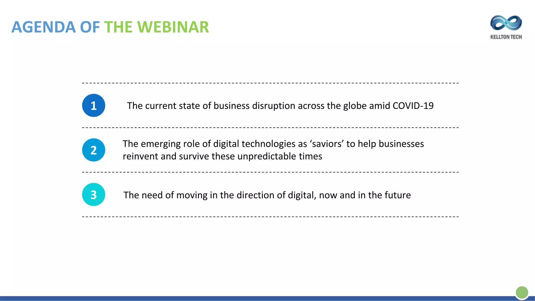 AGENDA OF THE WEBINAR
1
2
3
The current state of business disruption across the globe amid COVID-19
The need of moving in the direction of digital, now and in the future
The emerging role of digital technologies as ‘saviors’ to help businesses
reinvent and survive these unpredictable times
 