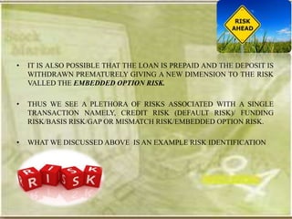•   IT IS ALSO POSSIBLE THAT THE LOAN IS PREPAID AND THE DEPOSIT IS
    WITHDRAWN PREMATURELY GIVING A NEW DIMENSION TO THE RISK
    VALLED THE EMBEDDED OPTION RISK.

•   THUS WE SEE A PLETHORA OF RISKS ASSOCIATED WITH A SINGLE
    TRANSACTION NAMELY, CREDIT RISK (DEFAULT RISK)/ FUNDING
    RISK/BASIS RISK/GAP OR MISMATCH RISK/EMBEDDED OPTION RISK.

•   WHAT WE DISCUSSED ABOVE IS AN EXAMPLE RISK IDENTIFICATION
 